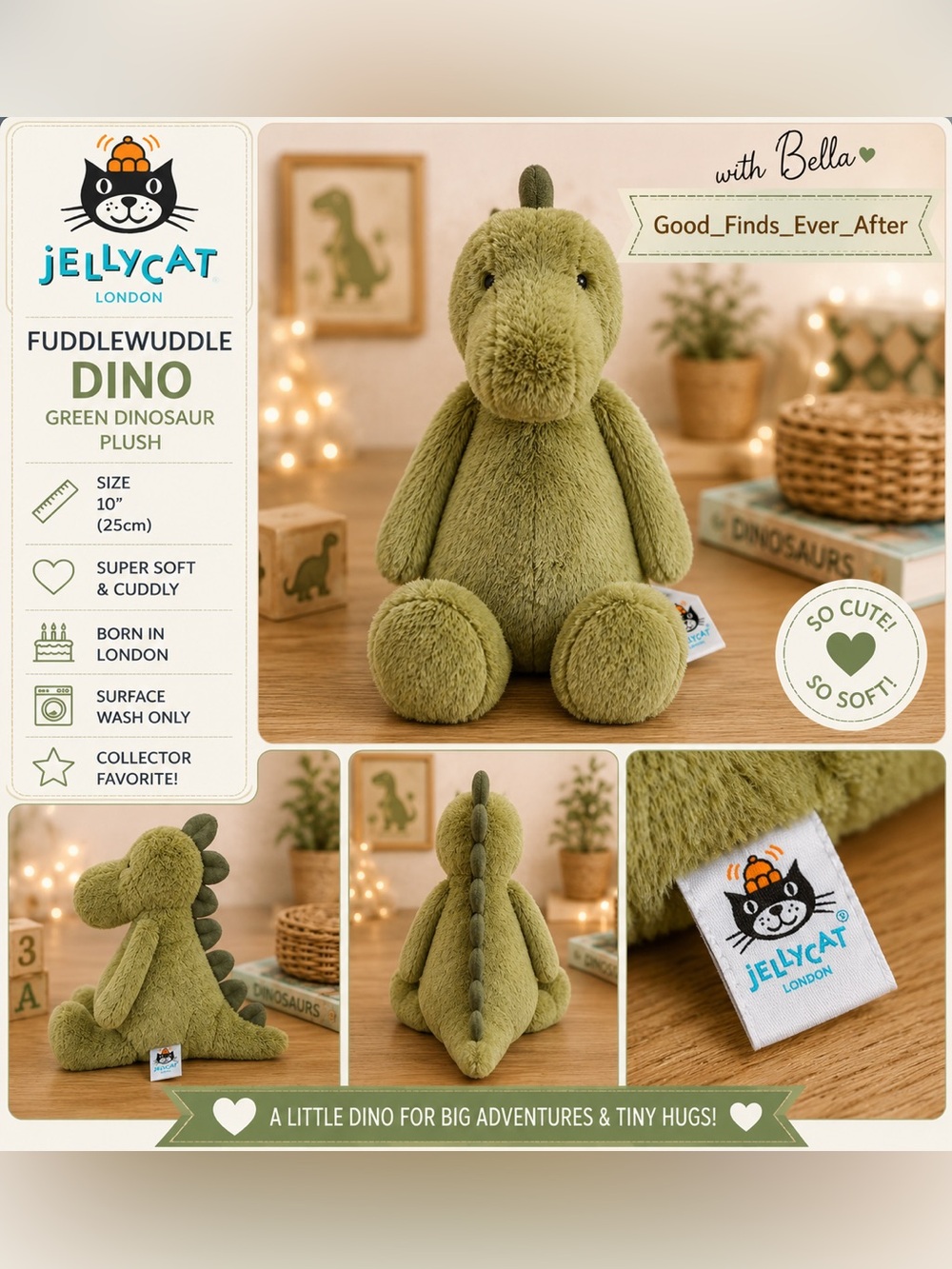 Jellycat London Green Bashful Dinosaur Plush 13 » Lovey super soft  NWOT